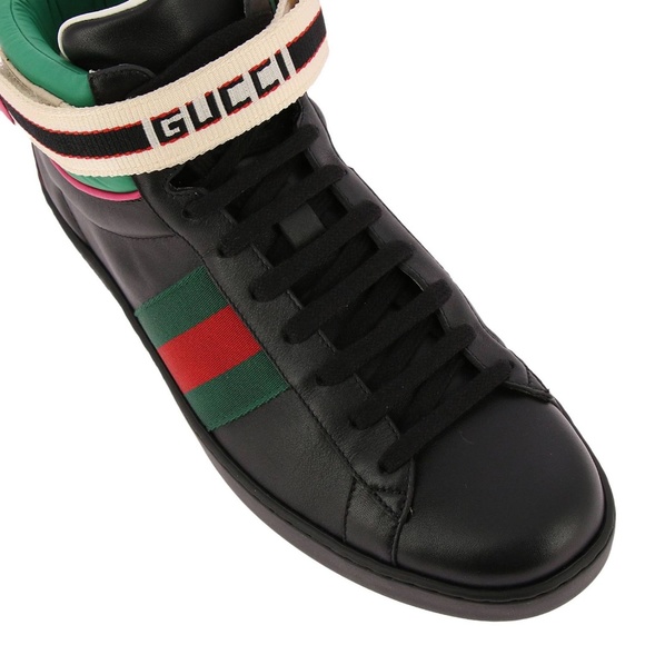 Gucci Mens Black Ace sneakers in soft leather w Web bands nylon NIB New in Box - Picture 9 of 11